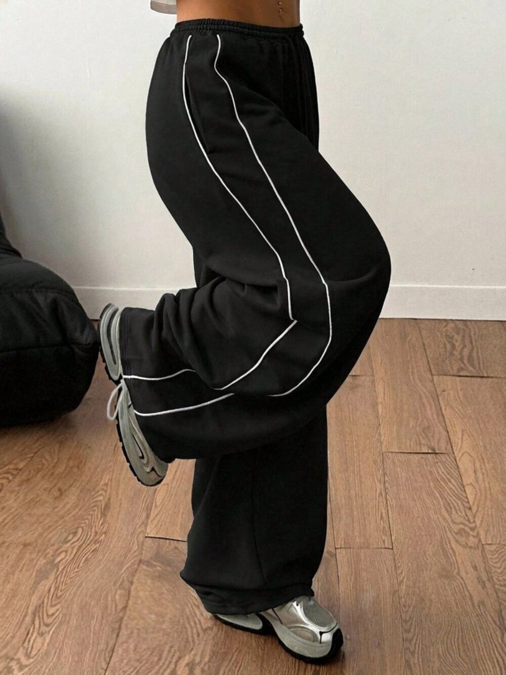 Black Casual Women's Baggy Mid Rise Wide Leg Sweatpants